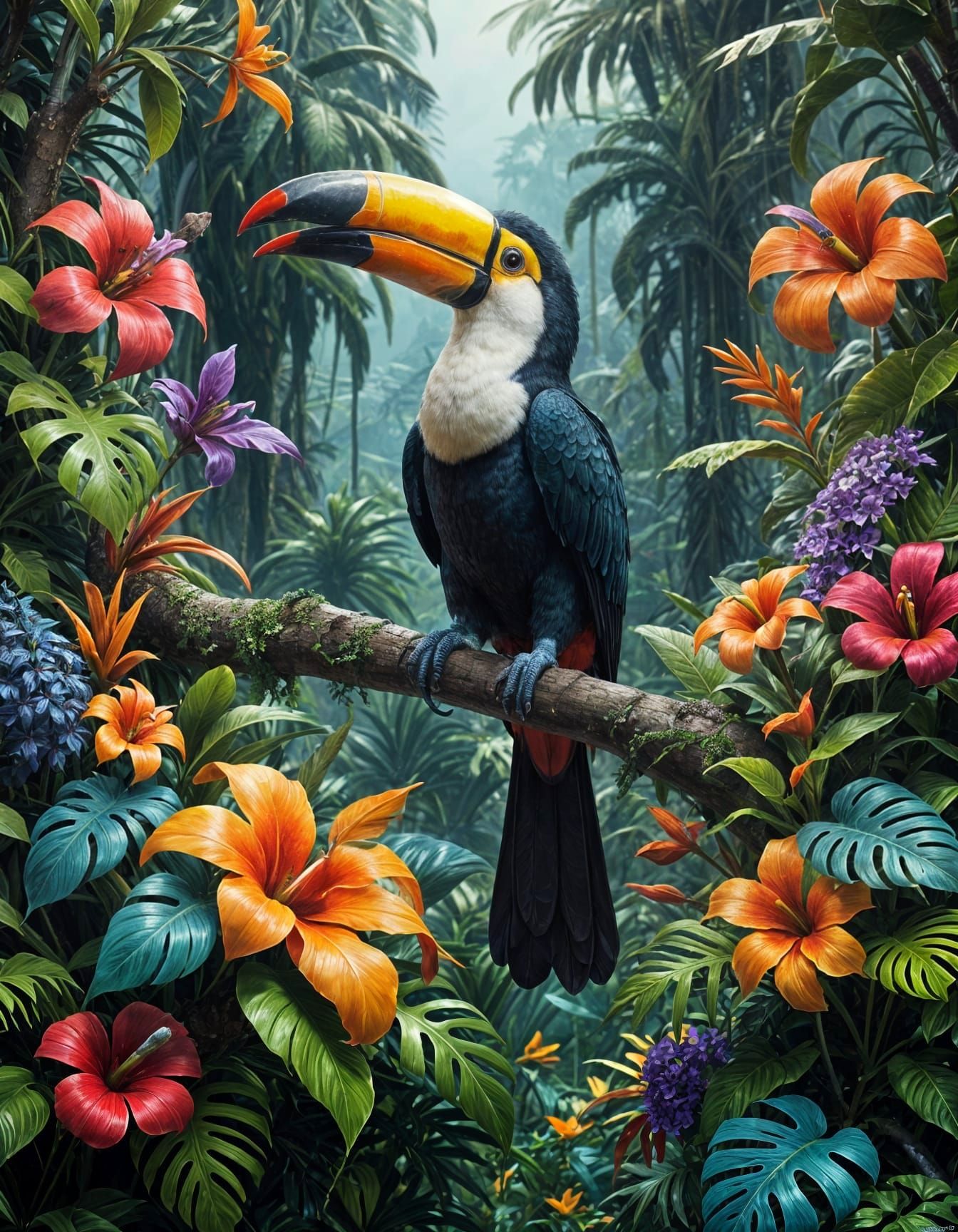 Vibrant Tropical Avian Oasis in Abstract Street Art Style