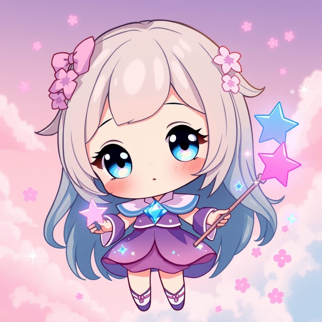 Chibi Magical Girl in Dreamy Pastel Sky with Cherry Blossoms