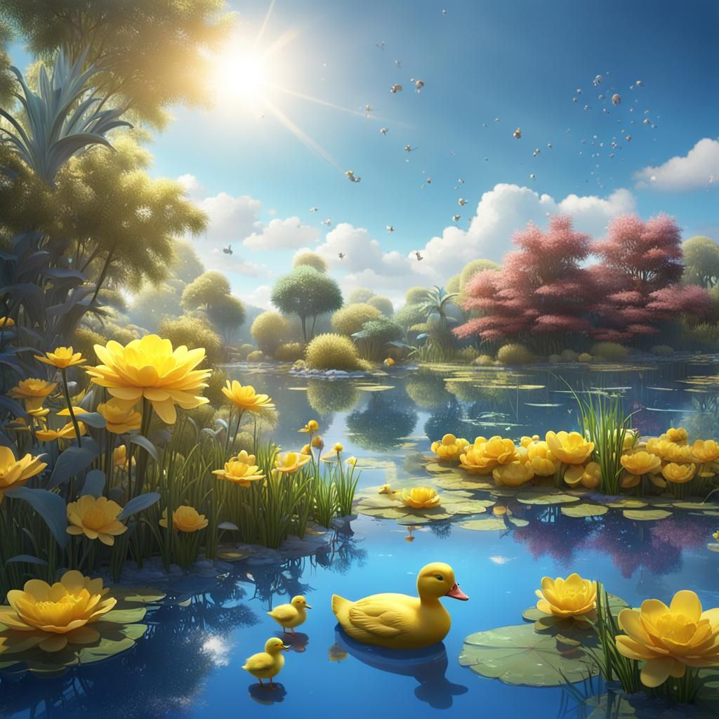 Yellow Duck and Chicks in Sunny Pond