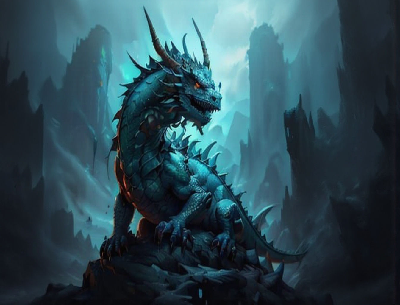 Vibrant Fantasy Dragon in a Haunting Atmosphere