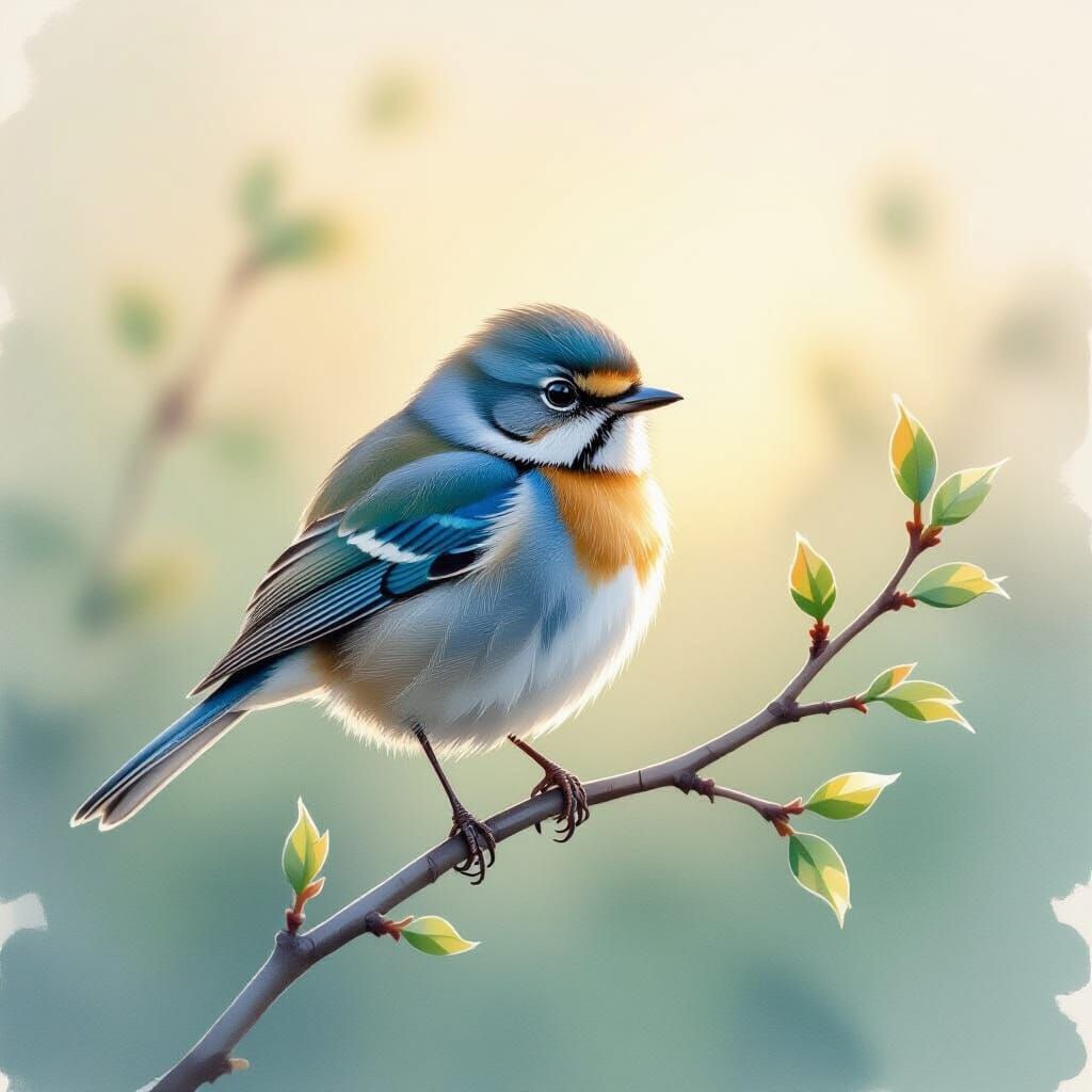 Small Bird Perched on Branch in Watercolour Style