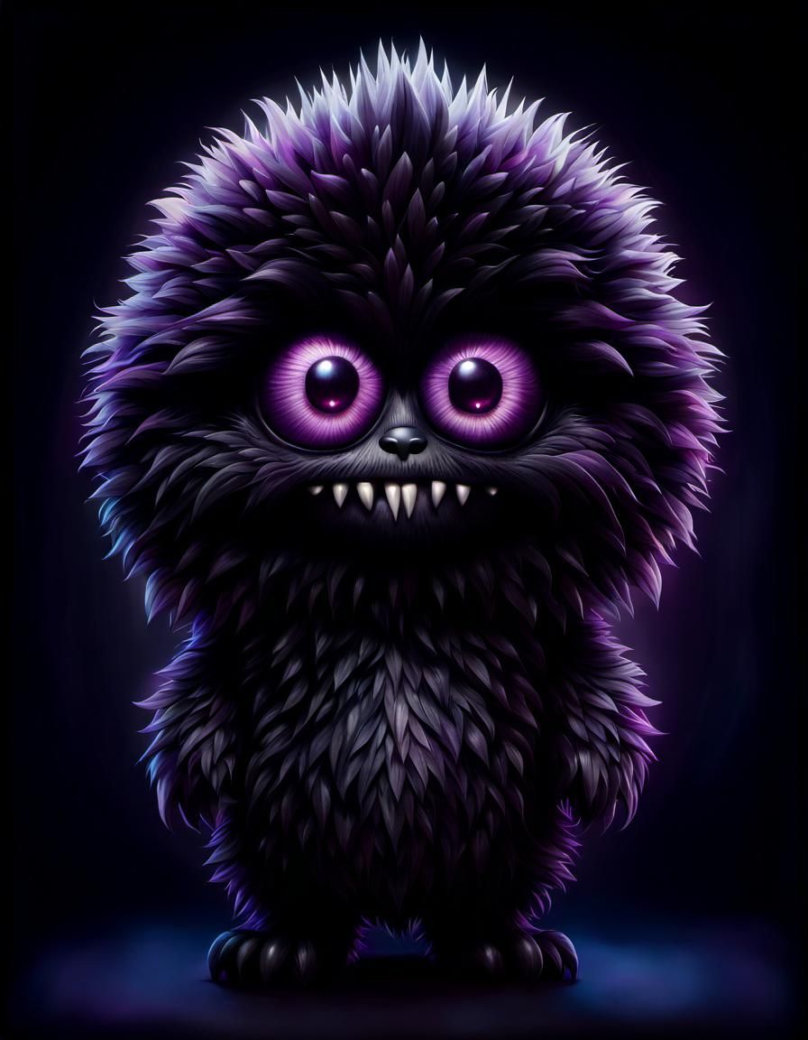 Fluffy One-Eyed Monster in Dark Purple Landscape