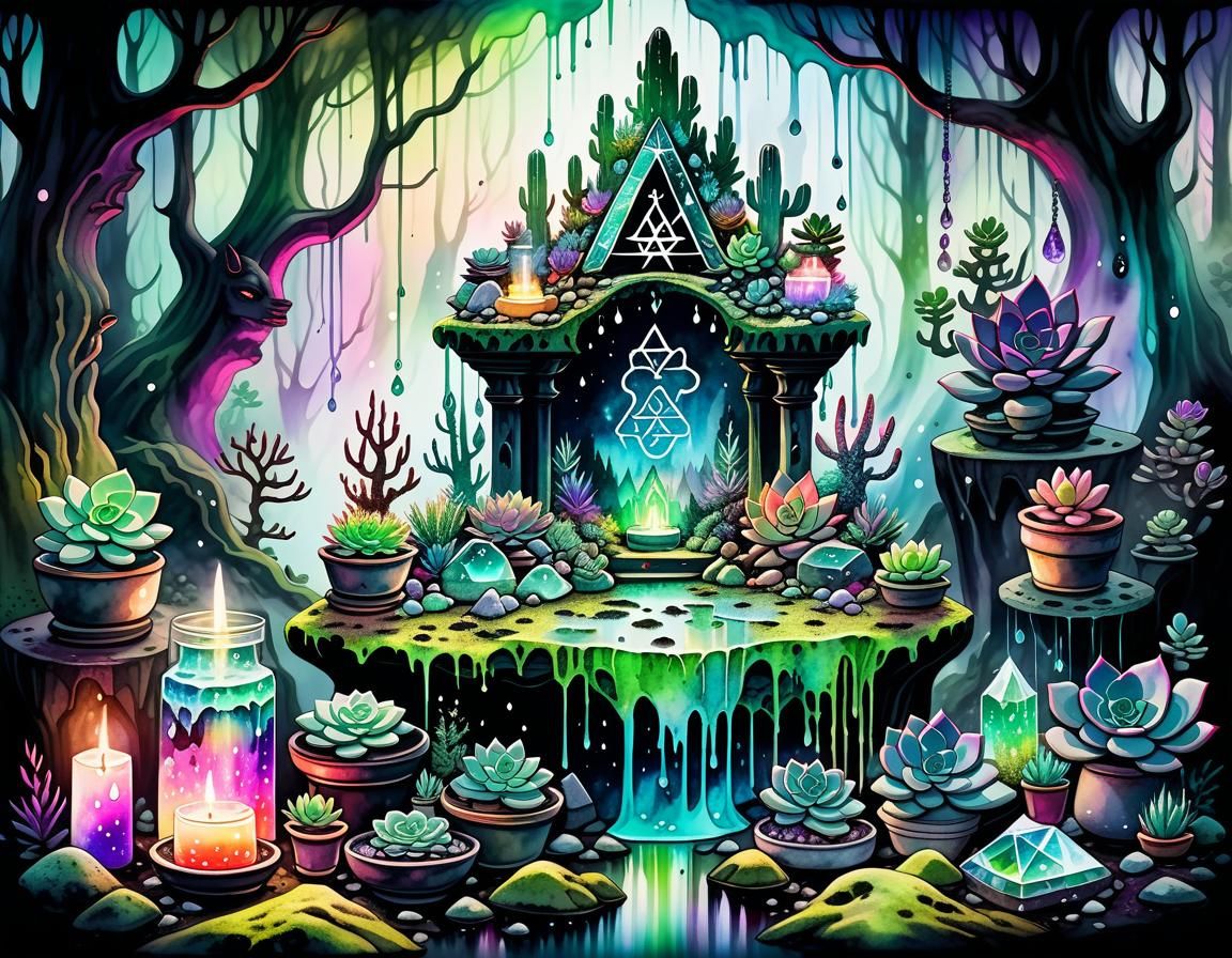 Pastel Goth Demoness in Magical Forest Altar, Watercolour