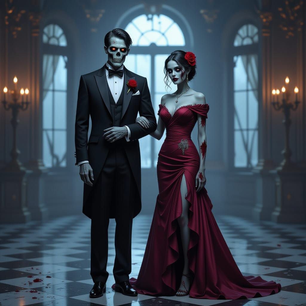 Elegant Undead Couple in Gothic Ballroom Portrait