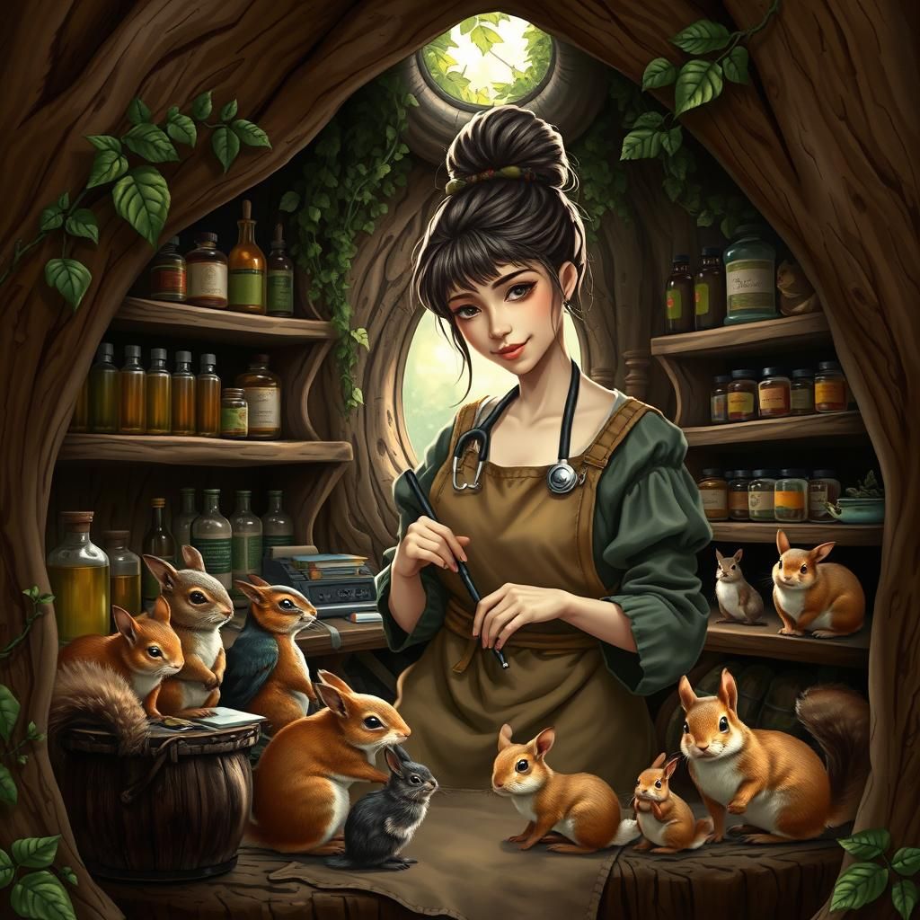 Gnome Veterinarian in Cozy Fantasy Office, Anne Stokes Style