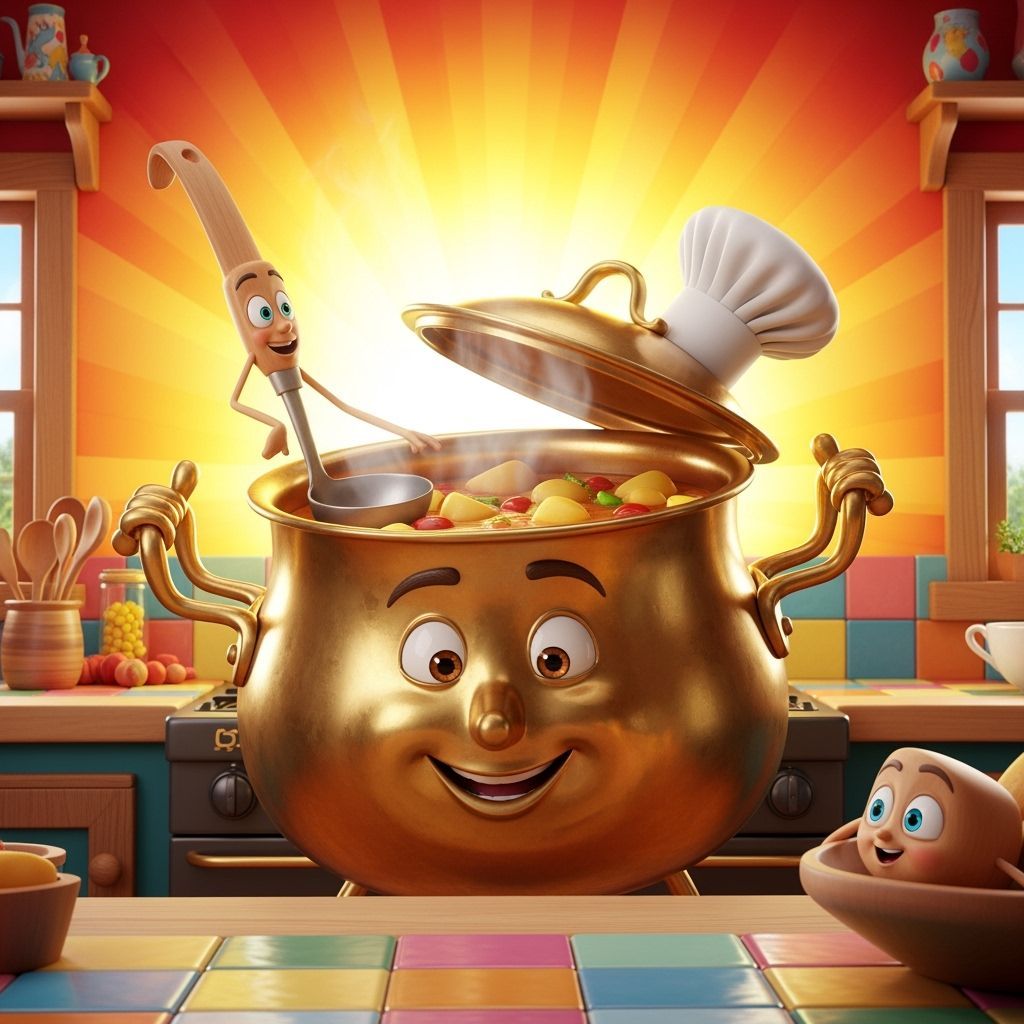 Anthropomorphic Soup Pot Makes Stew in Cozy Pixar Style Kitc...