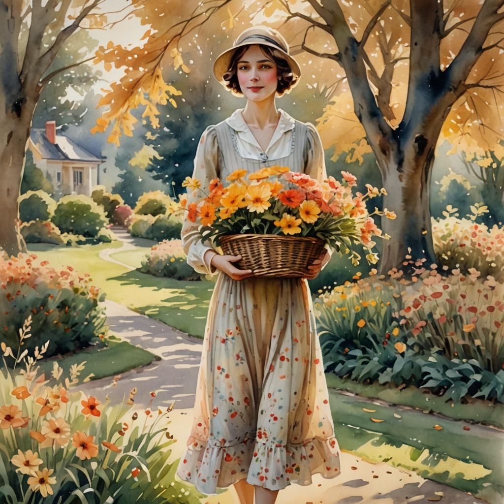 Woman with Fall Flowers in Watercolor Impressionism