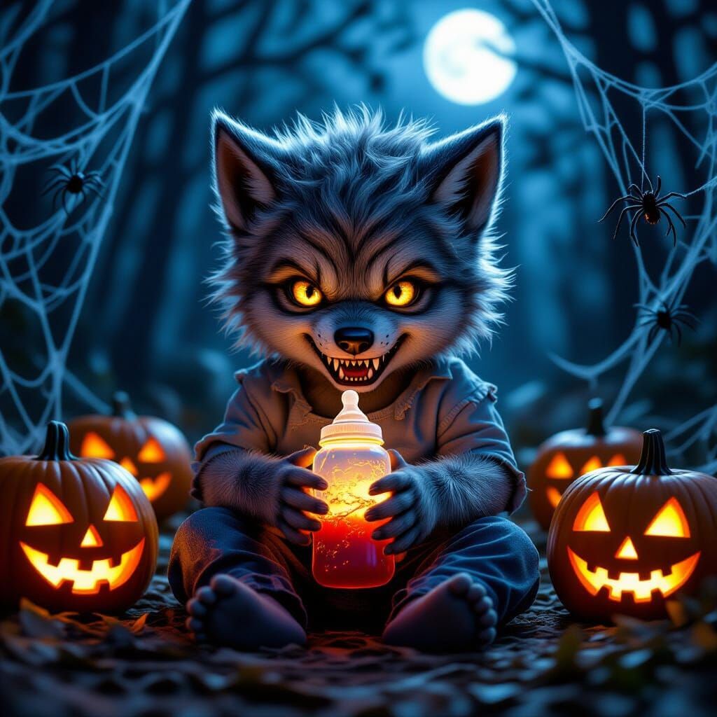 Adorable Baby Werewolf with Glowing Eyes on Halloween Night