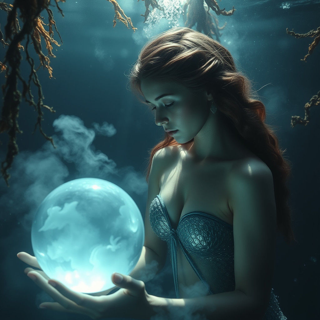Mystical Mermaid Gazing into Crystal Ball