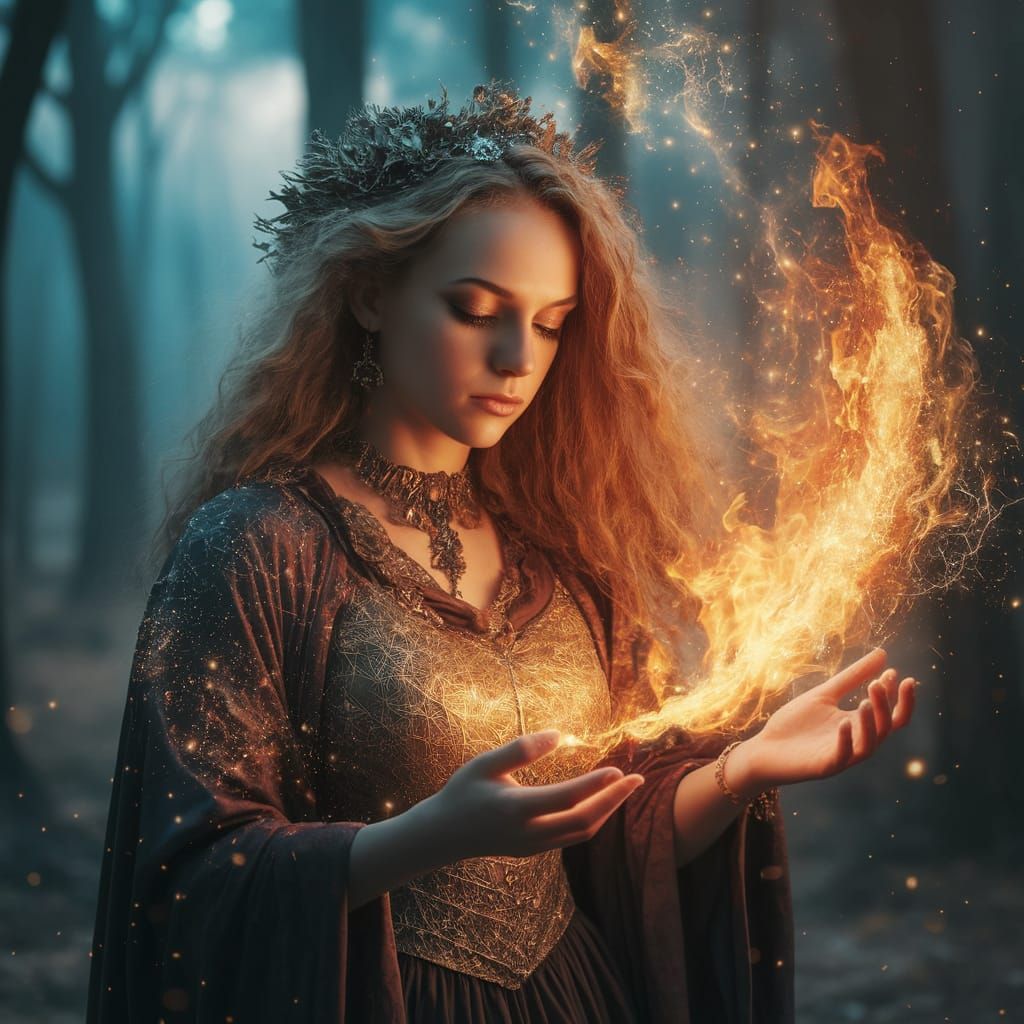 Ethereal Witch Confronts Fiery Magic