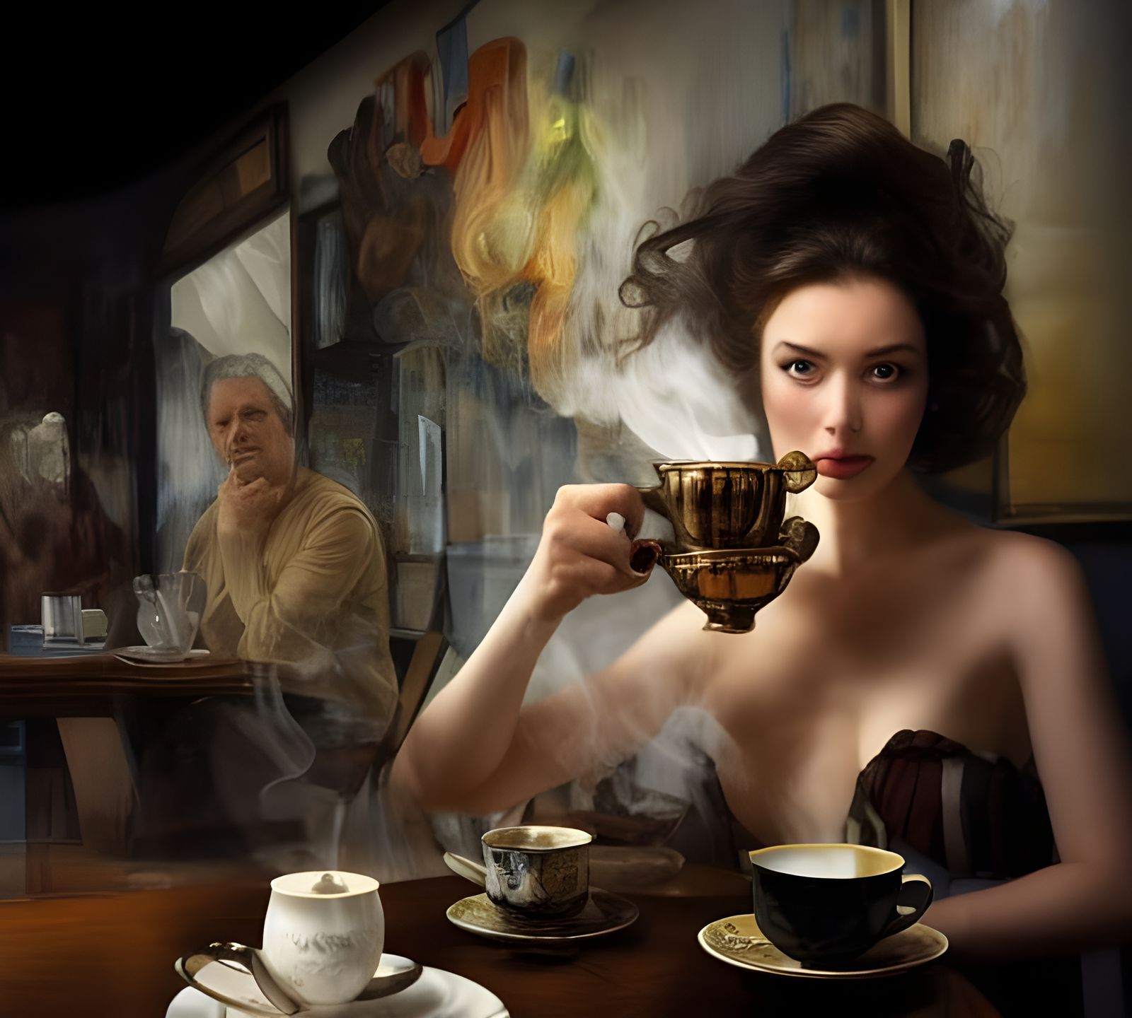 Beautiful Woman having Tea in Cafe: Photorealistic Portrait