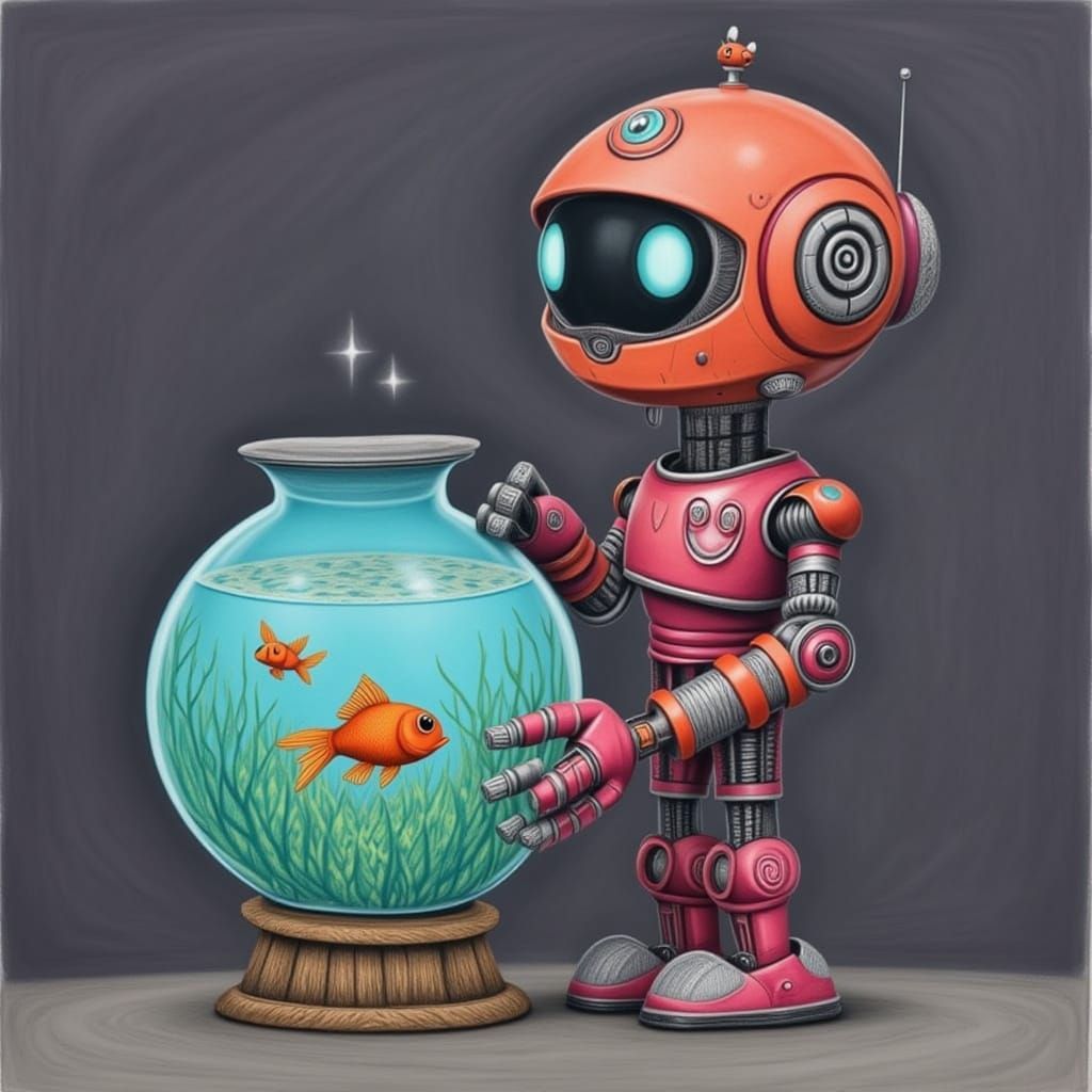 Cute Robot Holding a Fishbowl in Charcoal Style
