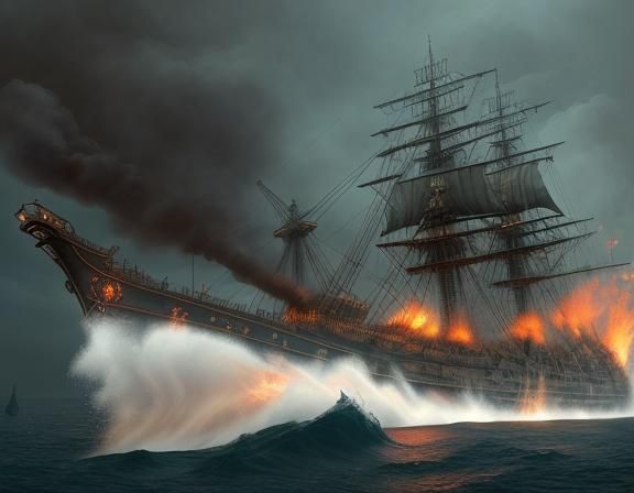 Steampunk Viking Battleship at War with Pirate Ships