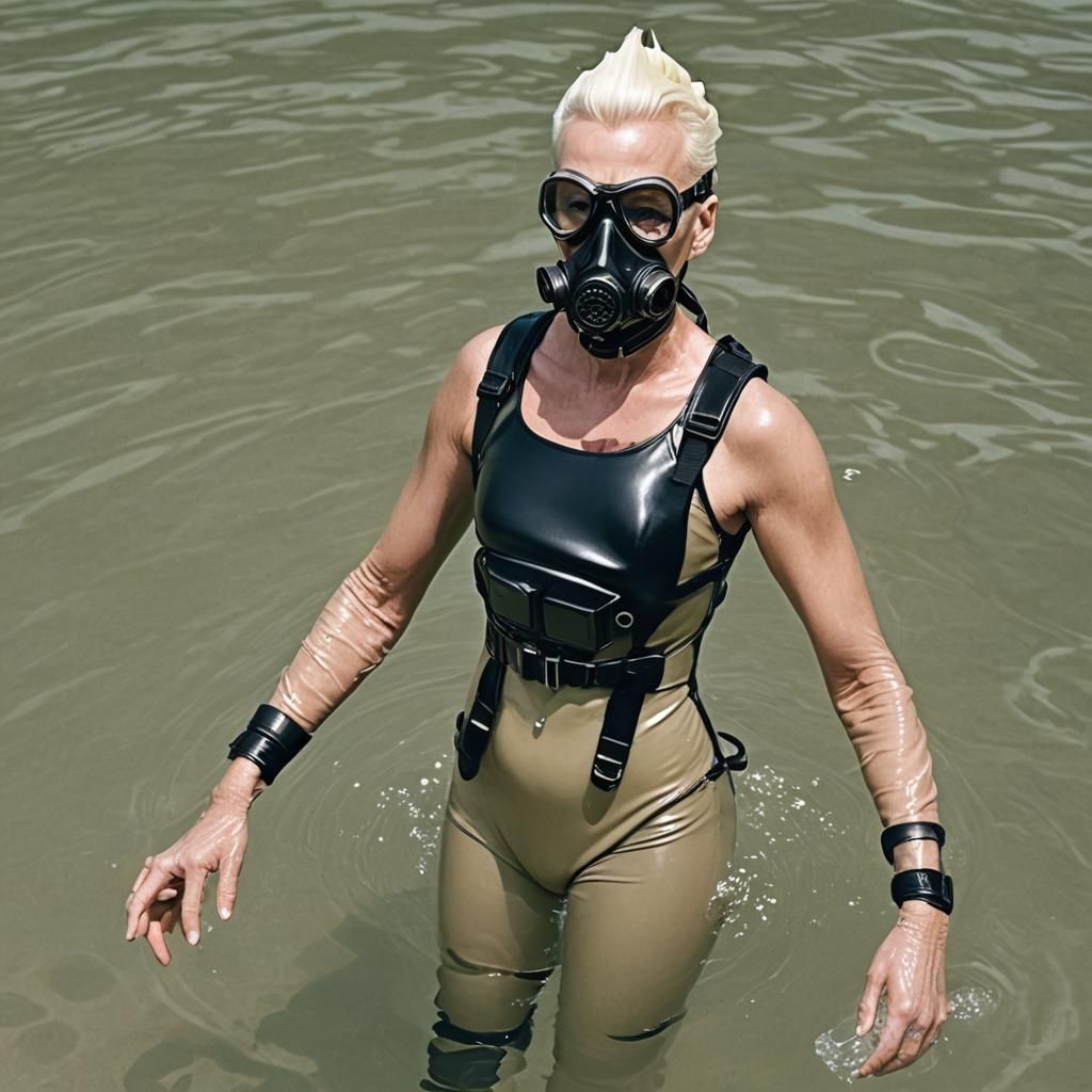Brigitte Nielsen in Latex Swimsuit with Gas Mask