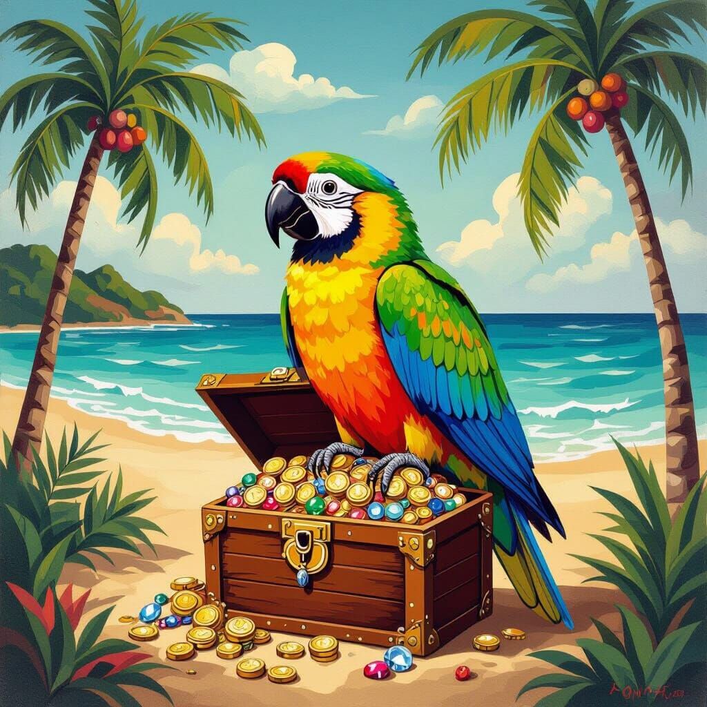 Eye-Patched Parrot on Caribbean Treasure Chest