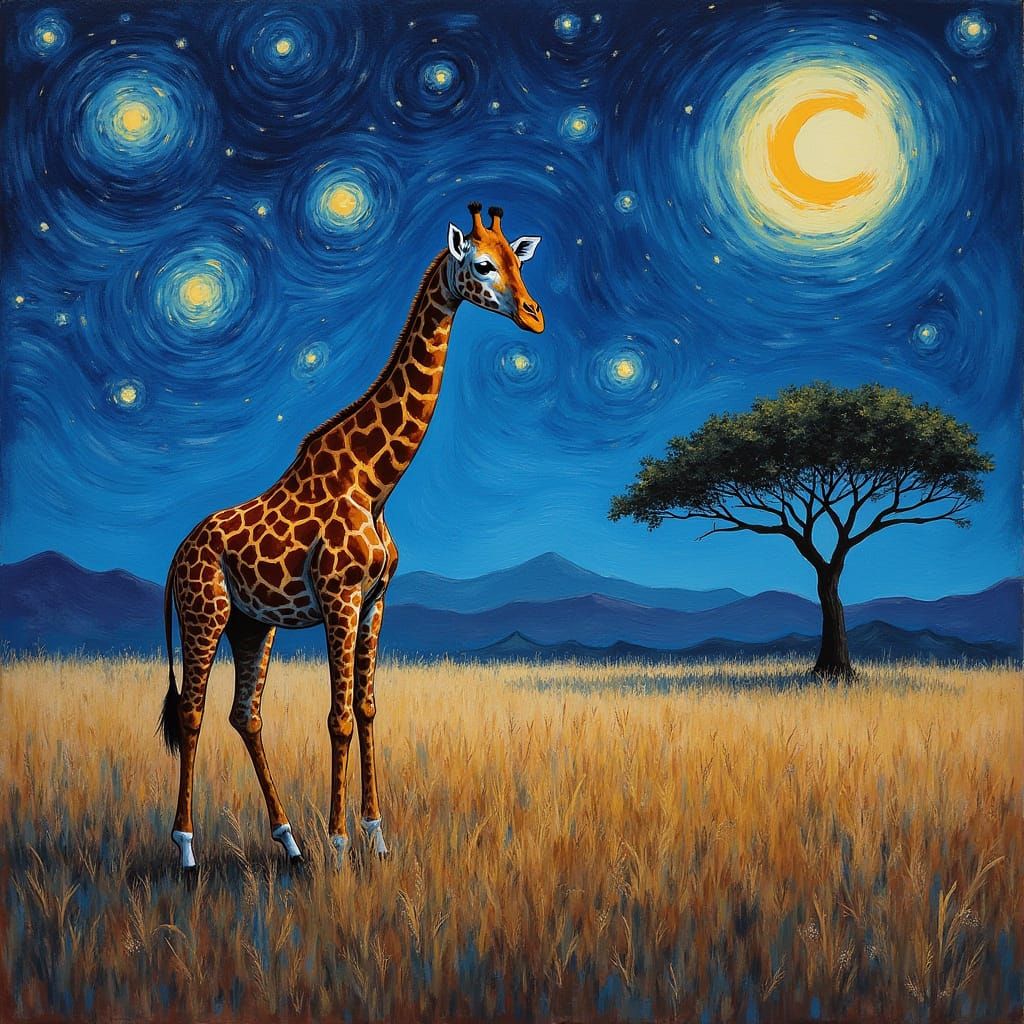 Giraffe Under Starry Night Sky as Oil Painting