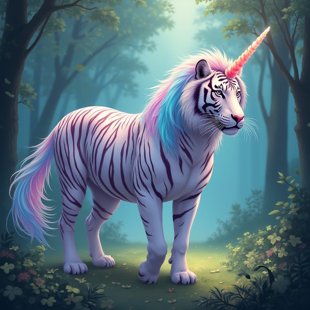 Majestic Tiger-Unicorn Hybrid in Vibrant, Dreamlike Forest