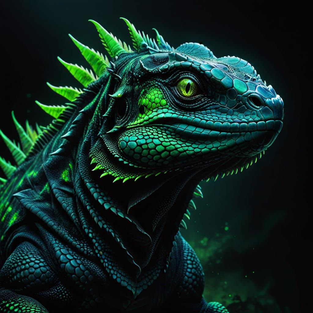 Dark Fantasy Black Lizard-Iguana-Horse Hybrid with Neon Acce...