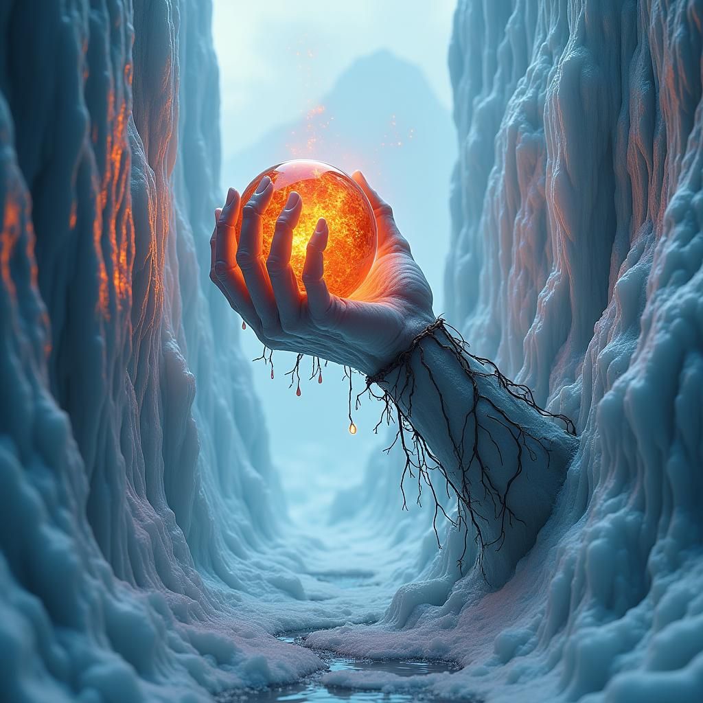 Icy Hand Grips Fiery Orb in Frozen Landscape