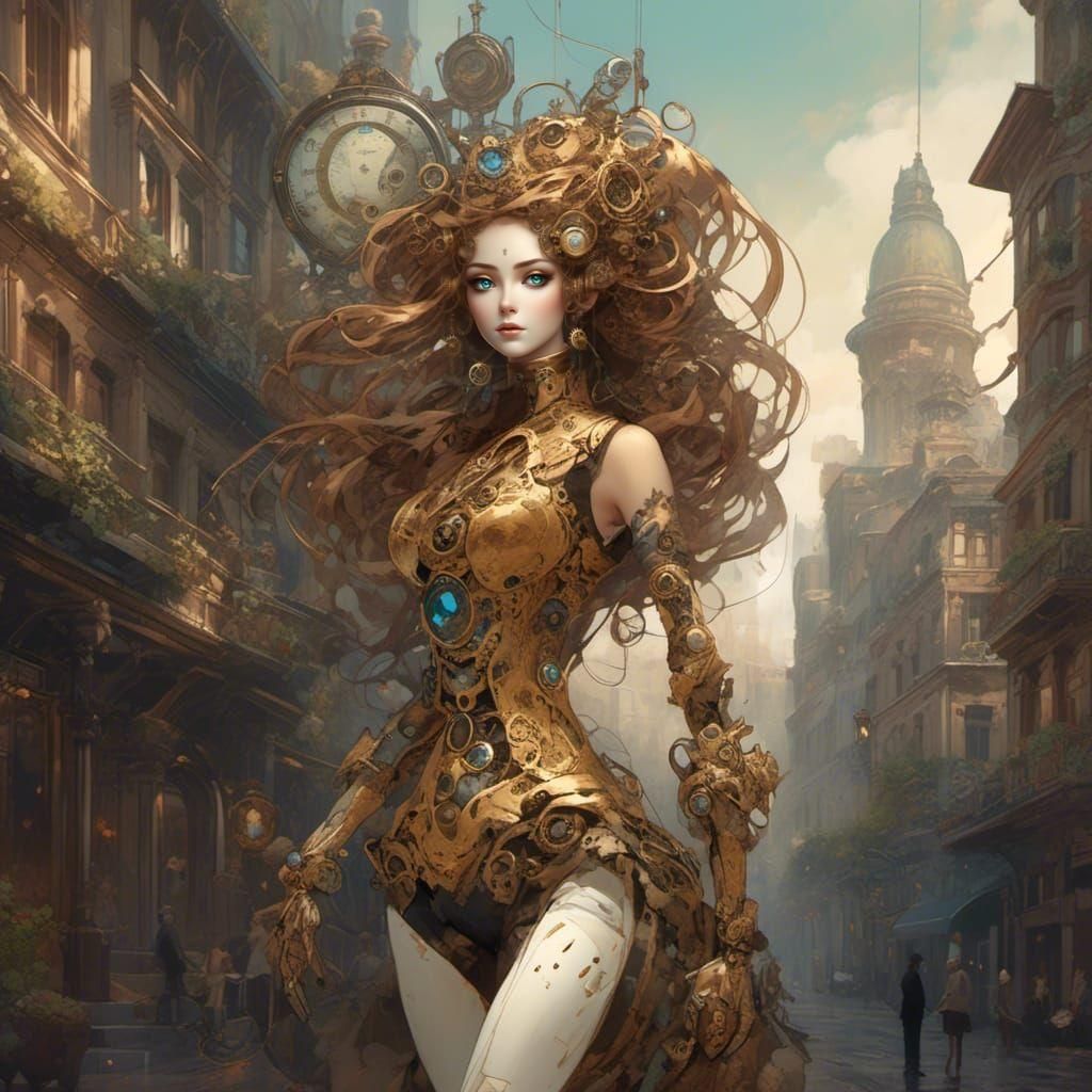 Steampunk Robot Girl in Victorian Cityscape