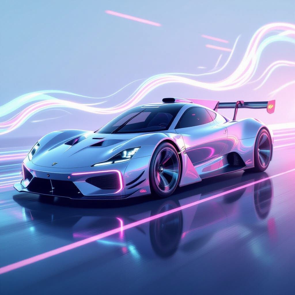 Sleek Transparent Race Car with Abstract Neon Design