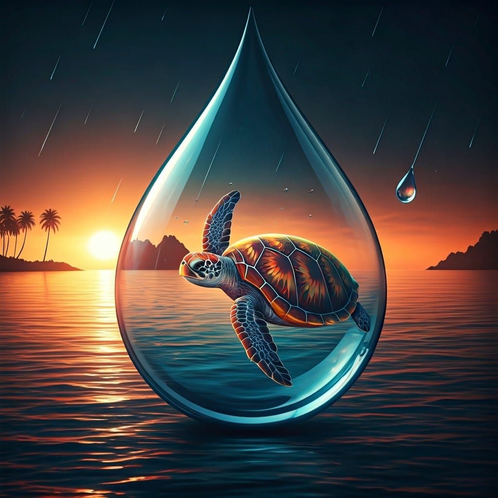 Iridescent Turtle Swims in Raindrop, Hyperrealistic Style