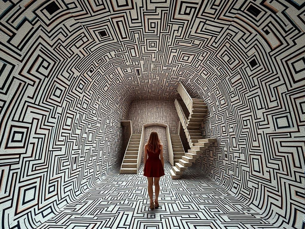 Woman in Impossible Maze with Circuit Diagrams
