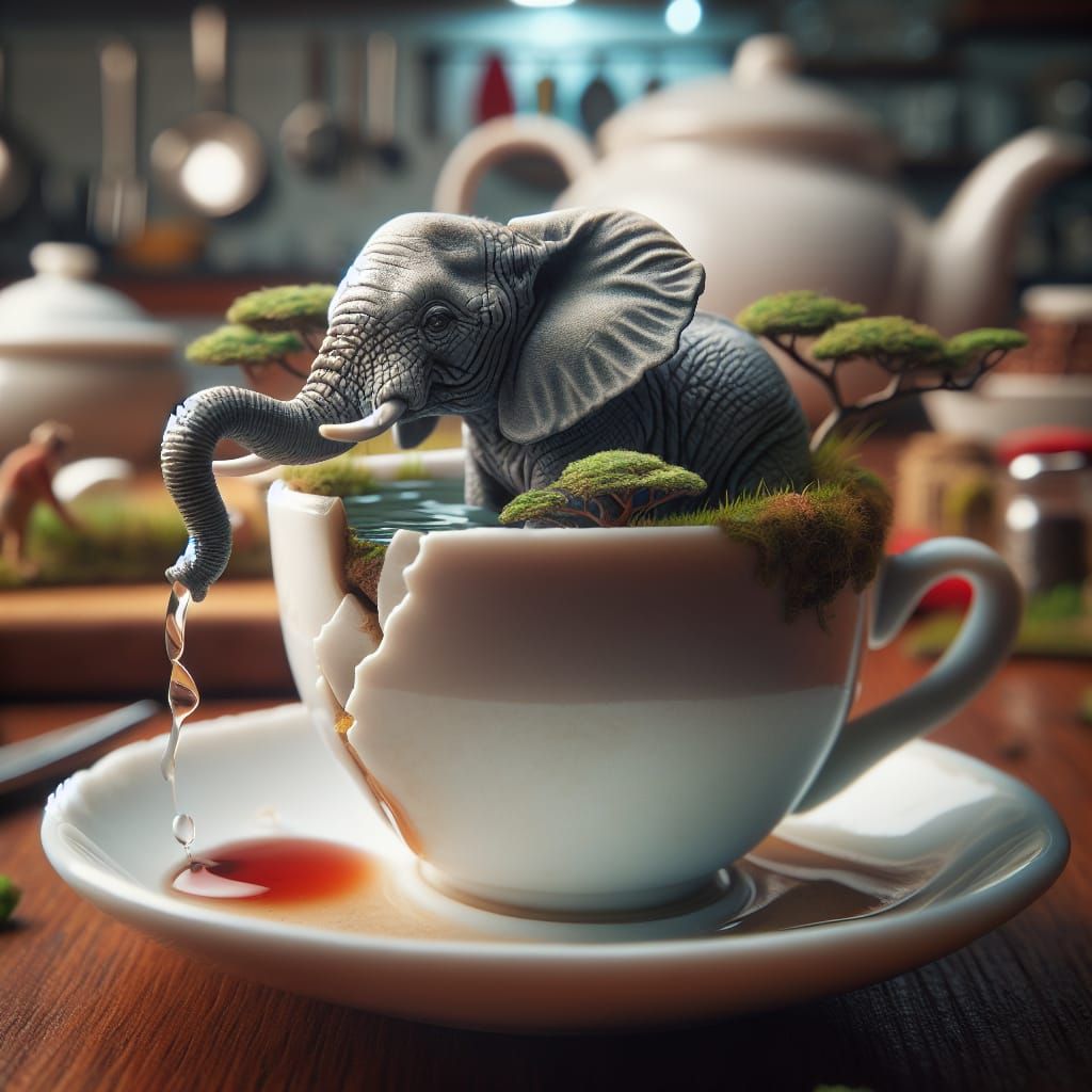 Miniature Elephant in Whimsical Teacup Scene