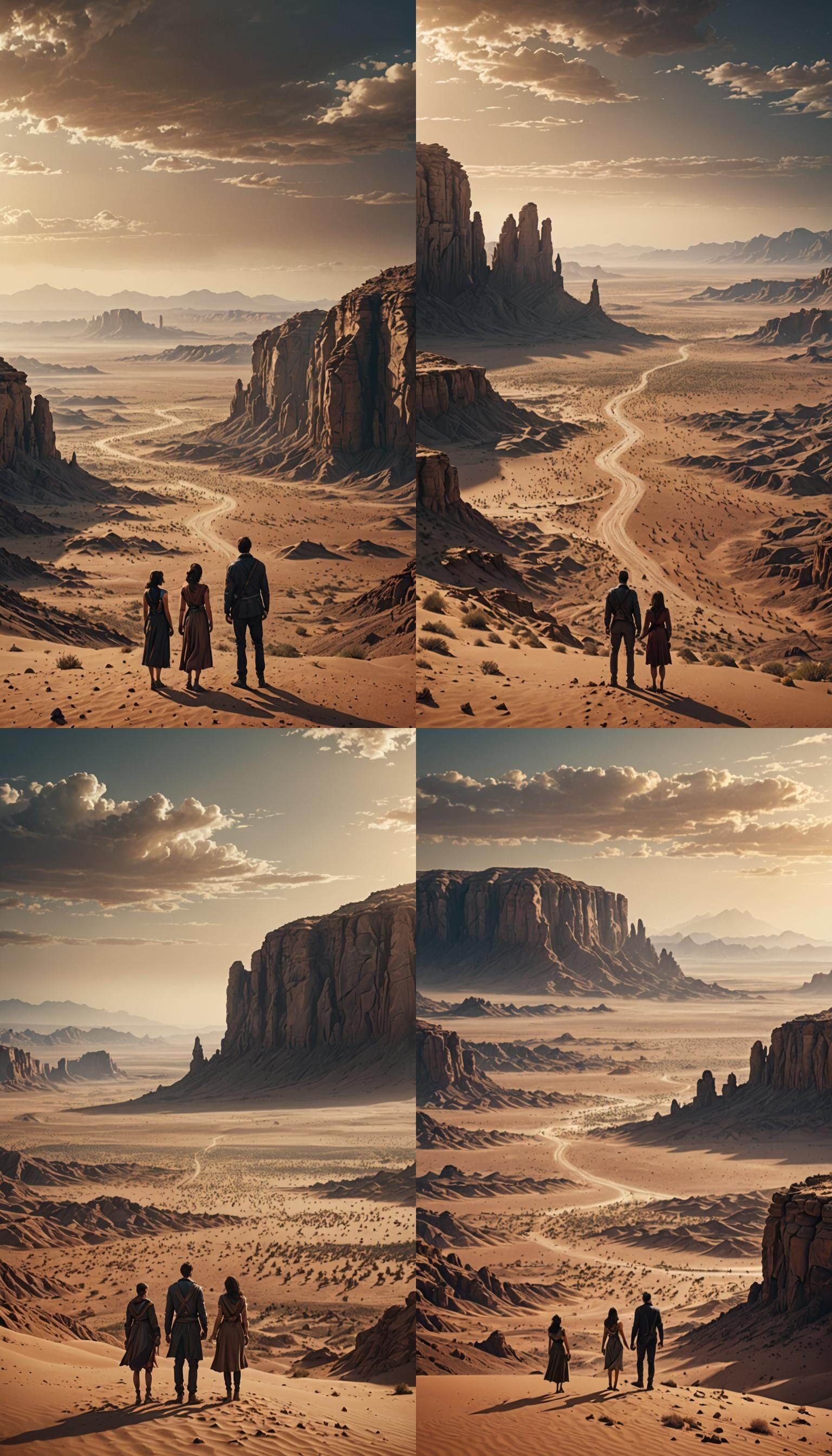 A tall man and a short woman looking at a vast desert