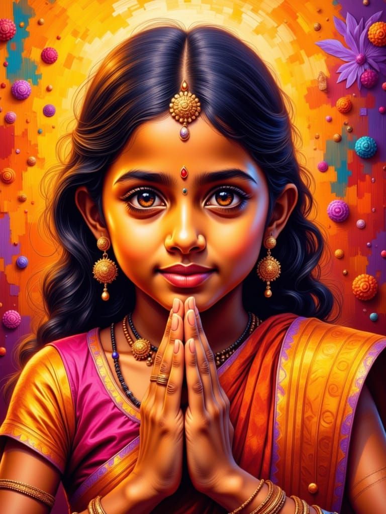 Indian Girl's Hands in Namaste Gesture, Vibrant Impasto Styl...
