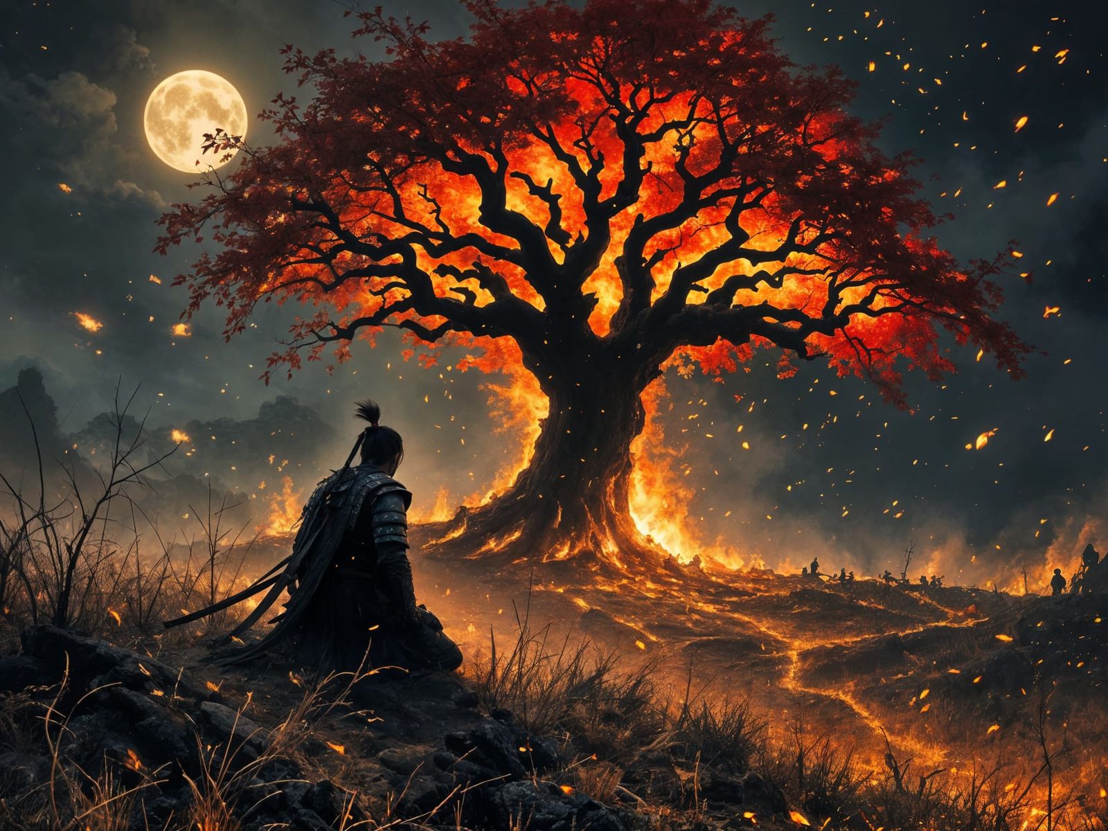 Last Samurai Kneels Amidst Burning Village Under Full Moon
