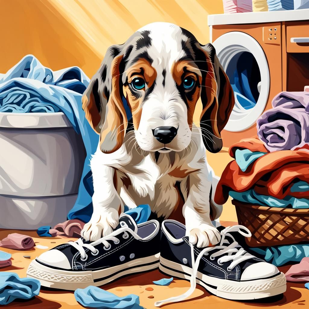 Bassett Hound Puppy Mischief in Hyperrealistic Splash Art