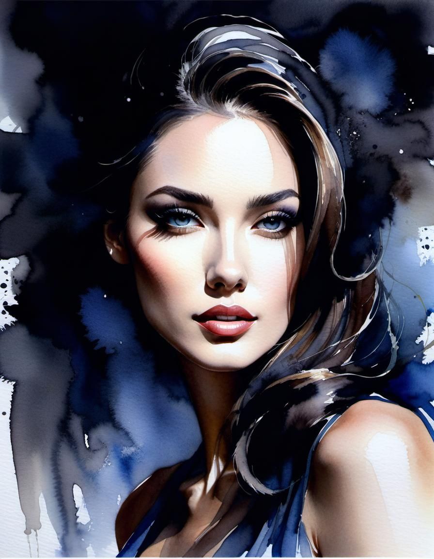 Mysterious Girl in Dark Watercolor Portrait