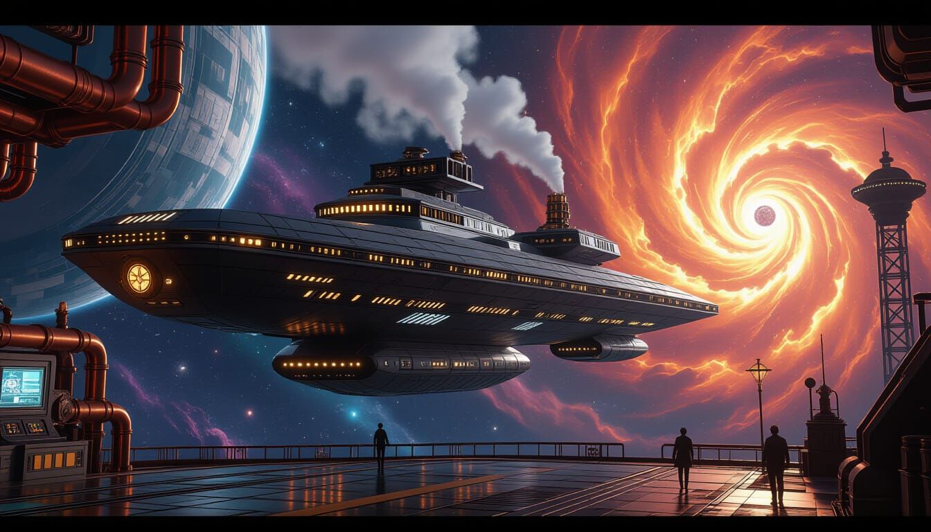 Steampunk Starship Docks at Space Station in Digital Art