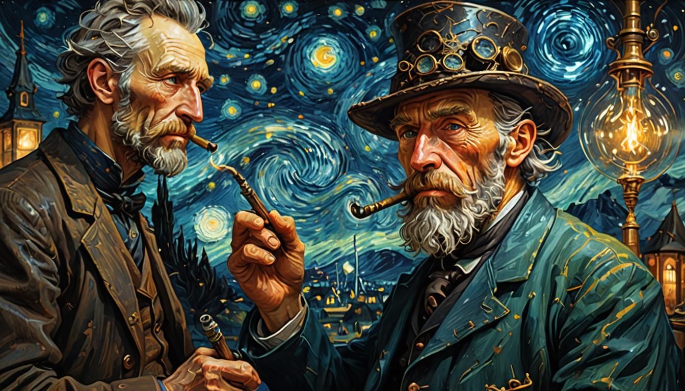 Victorian Man in Starry Night Oil Painting
