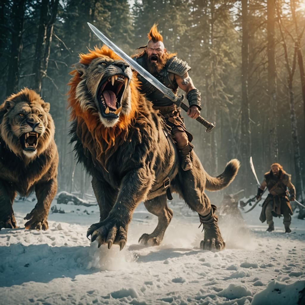 Epic Dwarf Barbarian Rides Saber-Toothed Tiger into Battle