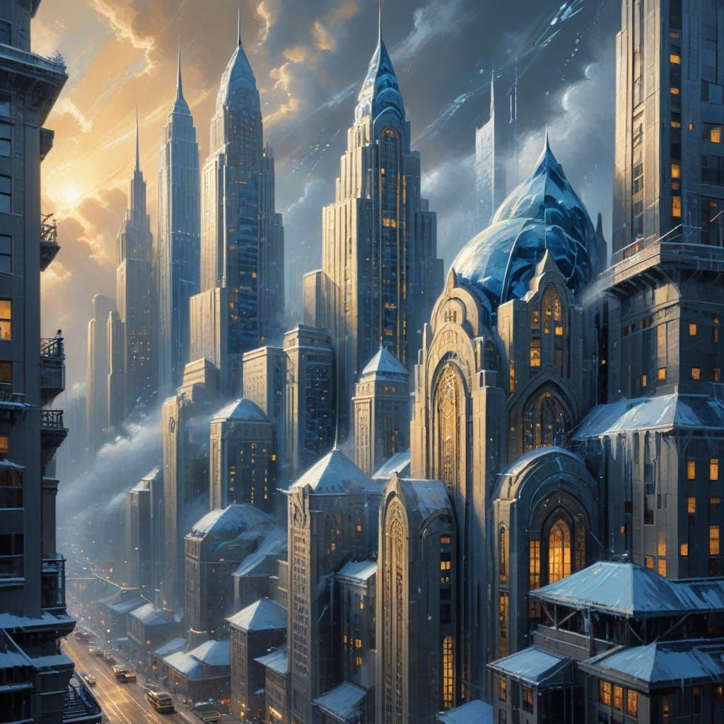 Surreal Art Deco Cityscape in a Futuristic Winter Storm