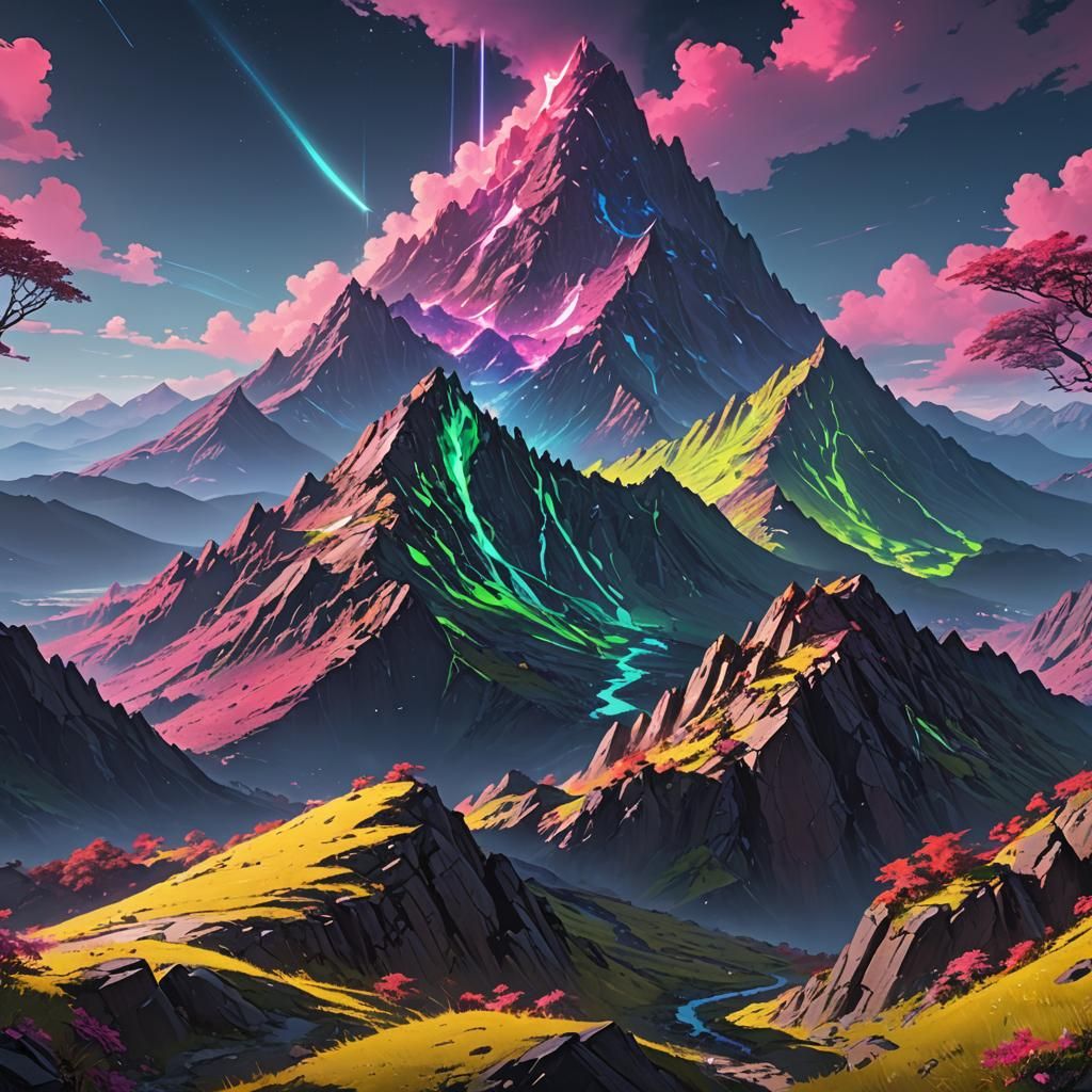 Fluorescent Mountain in Anime-Inspired 3D Art
