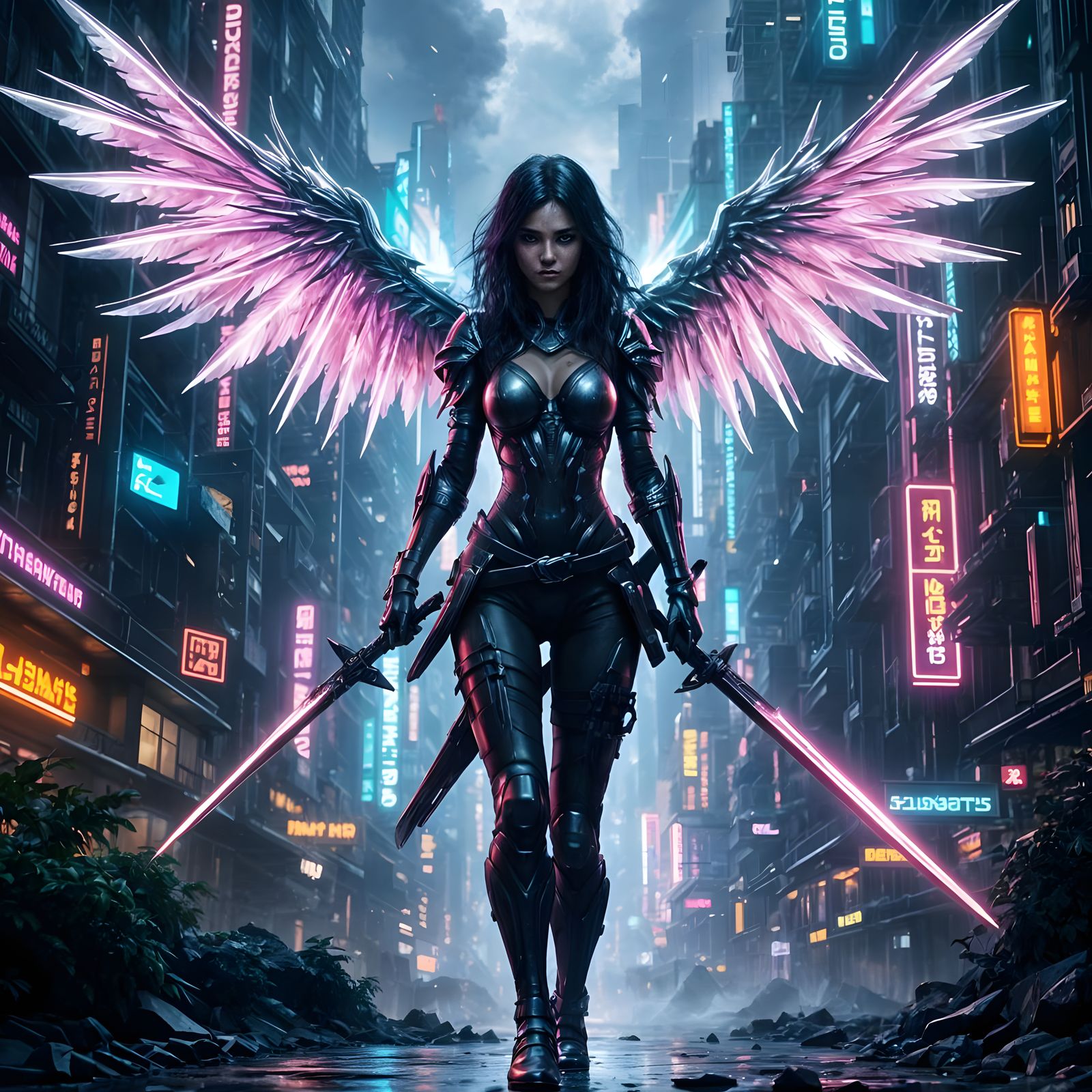 Cyberpunk Valkyrie Soars Over Neon Metropolis