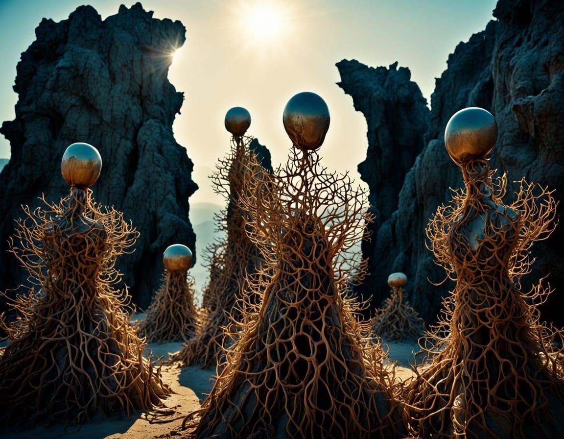 Surreal Ribbon Figures Among Coral Sculptures