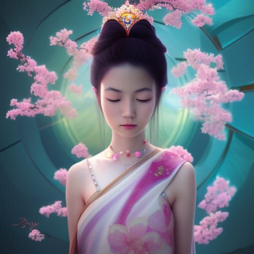 Beautiful Asian Princess Portrait with Cherry Blossoms