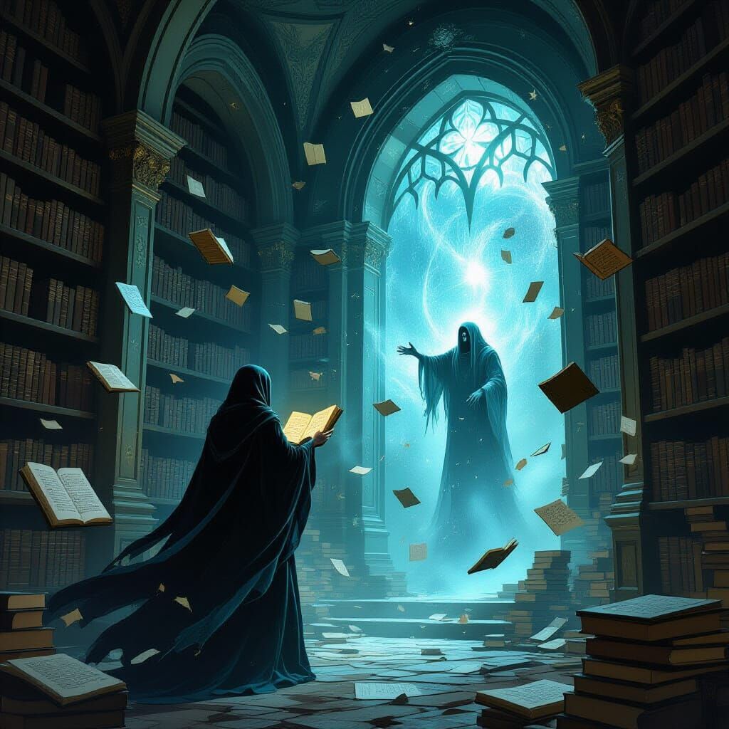 Ghostly Library with Floating Books and Cosmic Maps