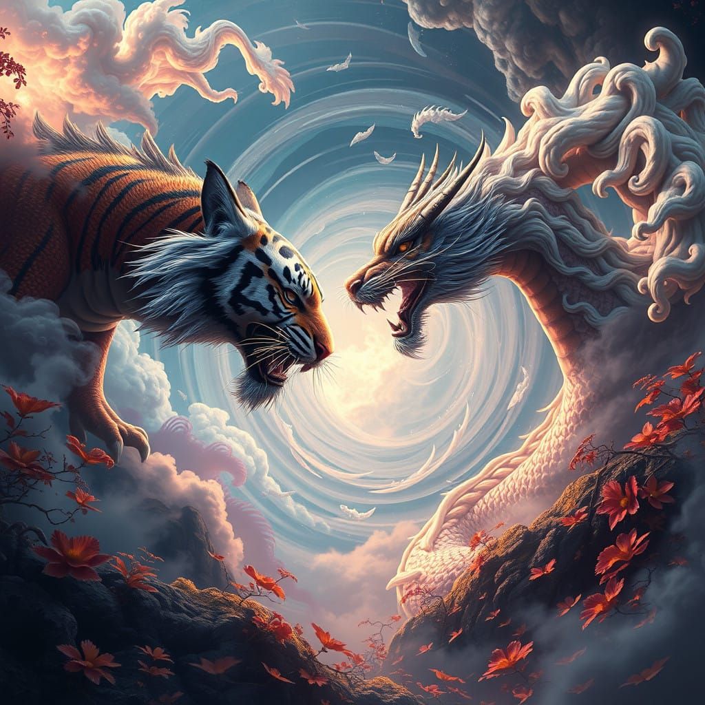 Epic Fantasy Duel: Tiger and Chinese Dragon in Ancient Vorte...