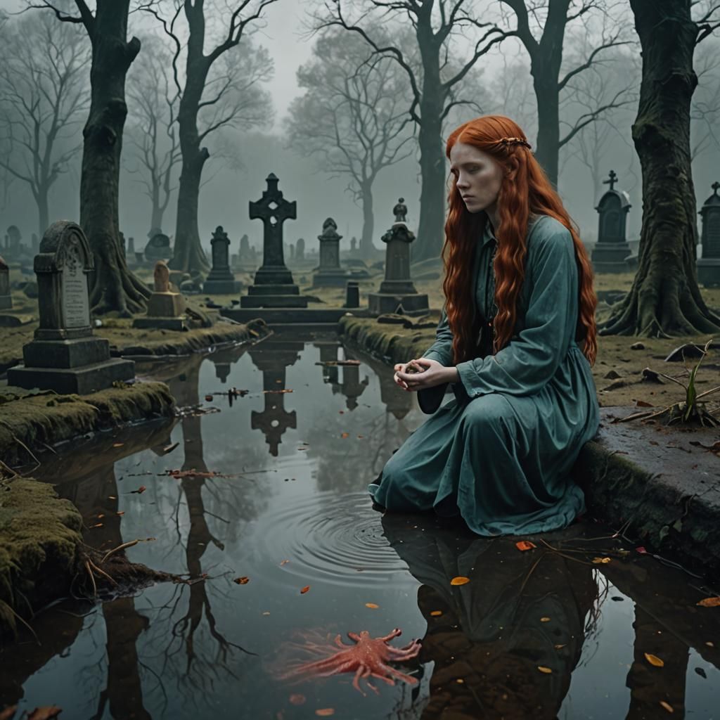 Eerie Redhead Prayer at Grave, Wes Anderson Style