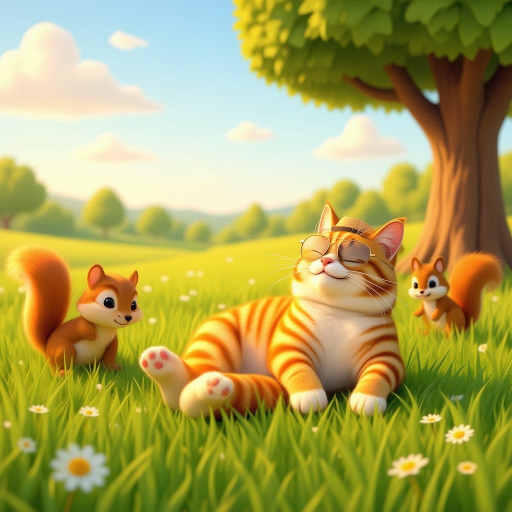 Chubby Orange Cat Naps in Sunglasses on Grassy Field