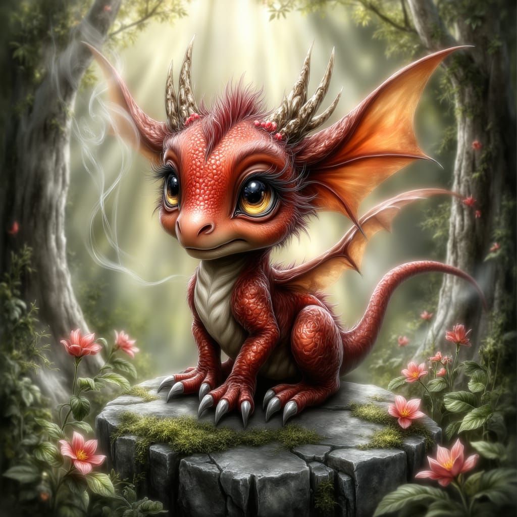 Adorable Red Dragon on Mossy Rock in Enchanted Forest