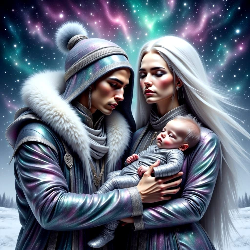 Ethereal Winter Portrait of Loving Eskimo Couple and Baby