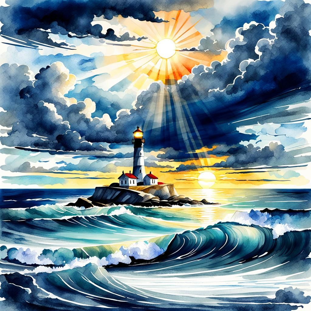 Lighthouse Seascape: Digital Watercolor Sketch Illustration