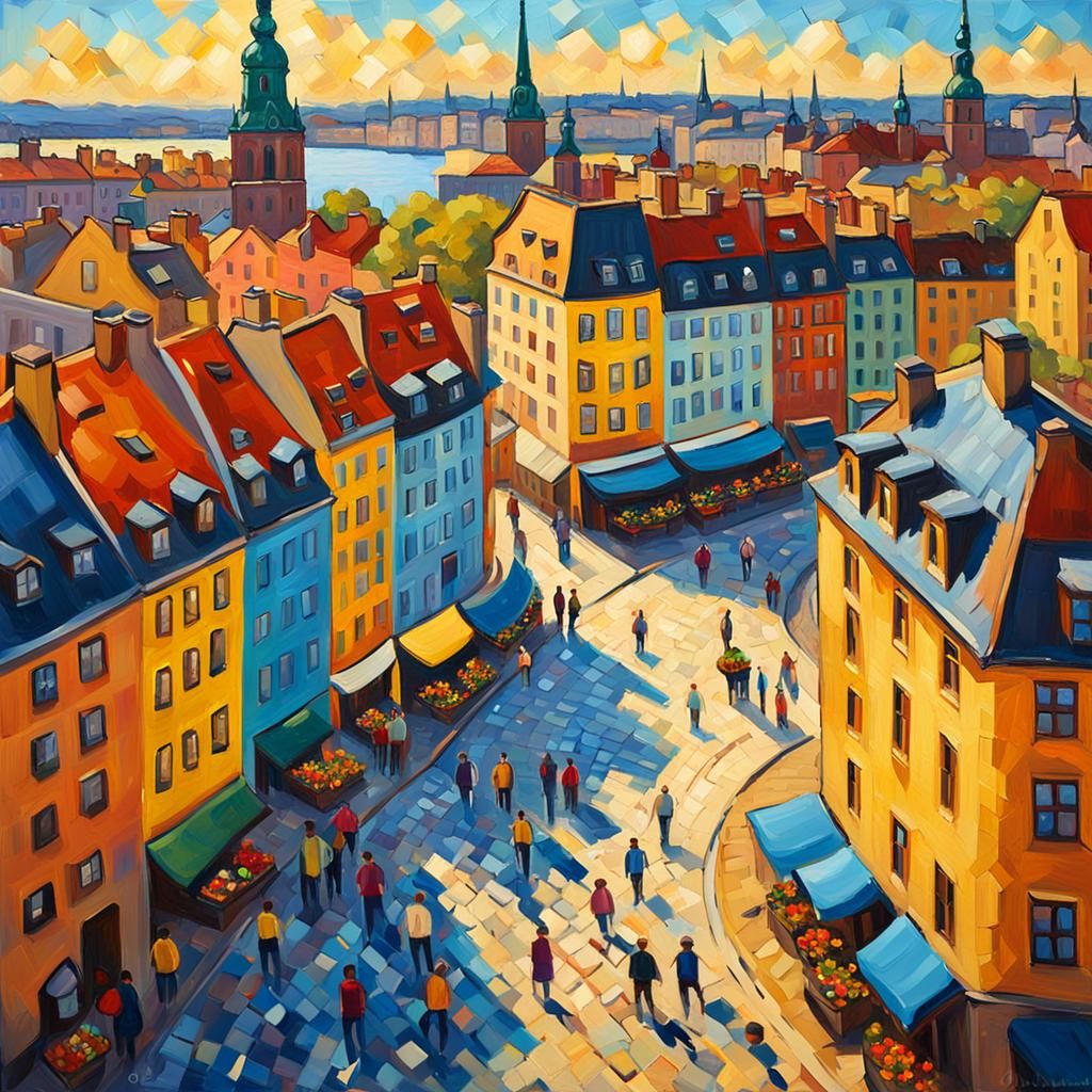 Colorful Stockholm Street Scene in Neo-Impressionist Style