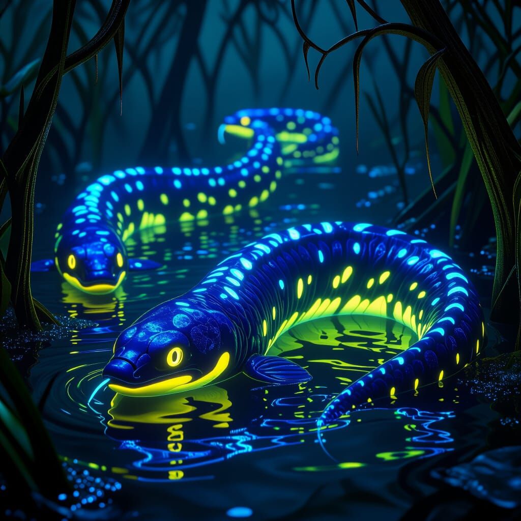 Bioluminescent Glowtide Eels in a Dark Swamp